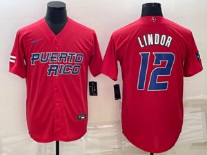Men's Puerto Rico 2023 World Baseball #12 Francisco Lindor Classic Red Men's Jersey