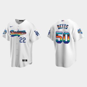 Men's Los Angeles Dodgers #50 Mookie Betts 2022 Pride Night LGBTQ Cool Base Jersey - White