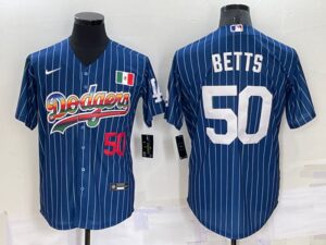 Men's  Los Angeles Dodgers #50 Mookie Betts Blue Rainbow Throwback Cool Base Jersey