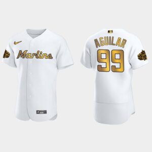 Men's Miami Marlins #99 Jesus Aguilar 2022 All-Star Game Flex Base Jersey - White Gold