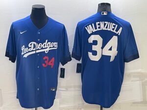 Men's Los Angeles Dodgers #34 Fernando Valenzuela Royal 2021 City Connect Cool Base Stitched Jersey