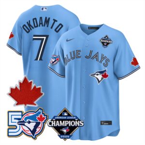 Kazuma Okamoto #7 Toronto Blue Jays 50th Red Maple Leaf Patch World Series Limited Jersey Stitched - Light Blue