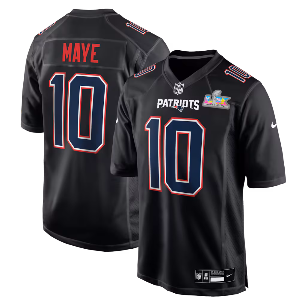 Drake Maye #10 New England Patriots Black Super Bowl LX Patch Carbon Fashion Game Jersey