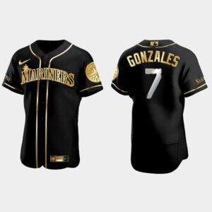Men's Seattle Mariners #7 Marco Gonzales Black Golden Edition Flex Base Jersey