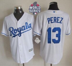 Kansas City Royals #13 Salvador Perez White New Cool Base W/2015 World Series Patch Stitched Jersey