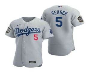 Men's Los Angeles Dodgers #5 Corey Seager Gray 2020 World Series Flex Base  Jersey
