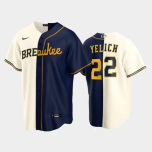 Men's Milwaukee Brewers split Replica Jersey #22 Christian Yelich Cream-Navy