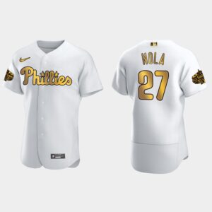 Men's Philadelphia Phillies #27 Aaron Nola 2022 All-Star Game Flex Base Jersey - White Gold