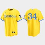 Men's Boston Red Sox #34 David Ortiz Gold Light Blue 2021 City Connect Cool Base Jersey