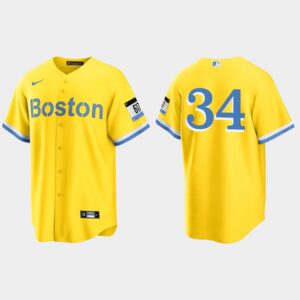 Men's Boston Red Sox #34 David Ortiz Gold Light Blue 2021 City Connect Cool Base Jersey