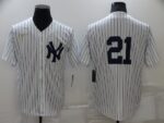 Men's  New York Yankees #21 Paul O'Neill White Strip Throwback Cool Base Stitched Jersey