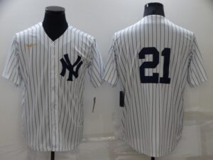 Men's  New York Yankees #21 Paul O'Neill White Strip Throwback Cool Base Stitched Jersey