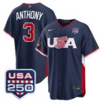 Roman Anthony #3 USA Baseball 250th Patch 2026 World Baseball Classic Road Stadium Jersey - Navy