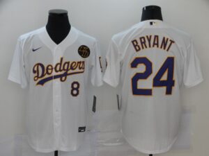 Men's  Los Angeles Dodgers #8 #24 Kobe Bryant White With Purple Name KB Patch Stitched Cool Base Jersey