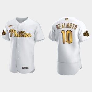 Men's Philadelphia Phillies #10 J.T. Realmuto 2022 All-Star Game Flex Base Jersey - White Gold