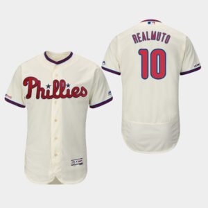 Men's Philadelphia Phillies #10 J.T. Realmuto Cream 150th Anniversary Patch Flex Base Jersey
