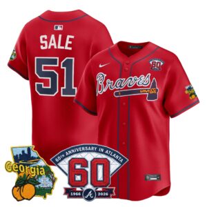 Chris Sale #51 Atlanta Braves 60th Patch Home Limited Player Jersey - Red