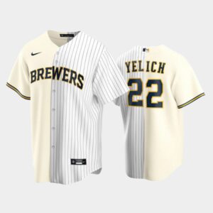 Men's Split Replica Jersey Milwaukee Brewers #22 Christian Yelich Cream-White
