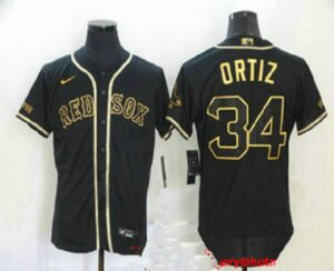 Men's Boston Red Sox #34 David Ortiz Black With Gold Stitched Flex Base  Jersey
