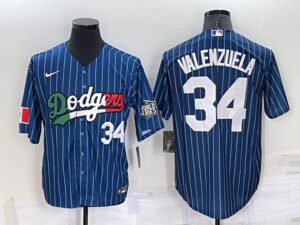 Men's  Los Angeles Dodgers #34 Fernando Valenzuela Blue Mexico World Series Throwback Stitched Cool Base Jersey