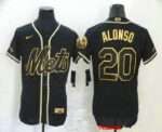 Men's New York Mets #20 Pete Alonso Black With Gold Stitched Flex Base  Jersey