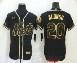 Men's New York Mets #20 Pete Alonso Black With Gold Stitched Flex Base  Jersey