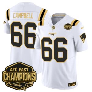 Will Campbell #66 New England Patriots 2026 AFC East Champions Gold Vapor Limited Jersey - All Stitched