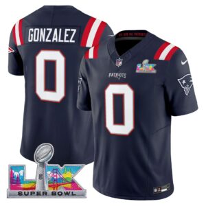Christian Gonzalez #0 New England Patriots Super Bowl LX Patch Navy Player Game Jersey