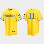 Men's Boston Red Sox #11 Rafael Devers Gold Light Blue 2021 City Connect Cool Base Jersey
