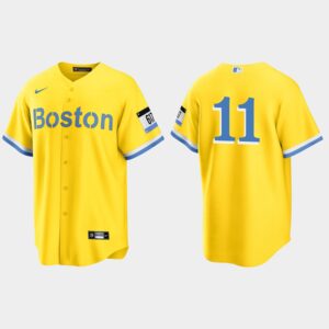 Men's Boston Red Sox #11 Rafael Devers Gold Light Blue 2021 City Connect Cool Base Jersey