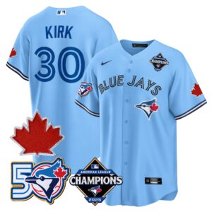 Alejandro Kirk #30 Toronto Blue Jays 50th Red Maple Leaf Patch World Series Limited Jersey Stitched - Light Blue