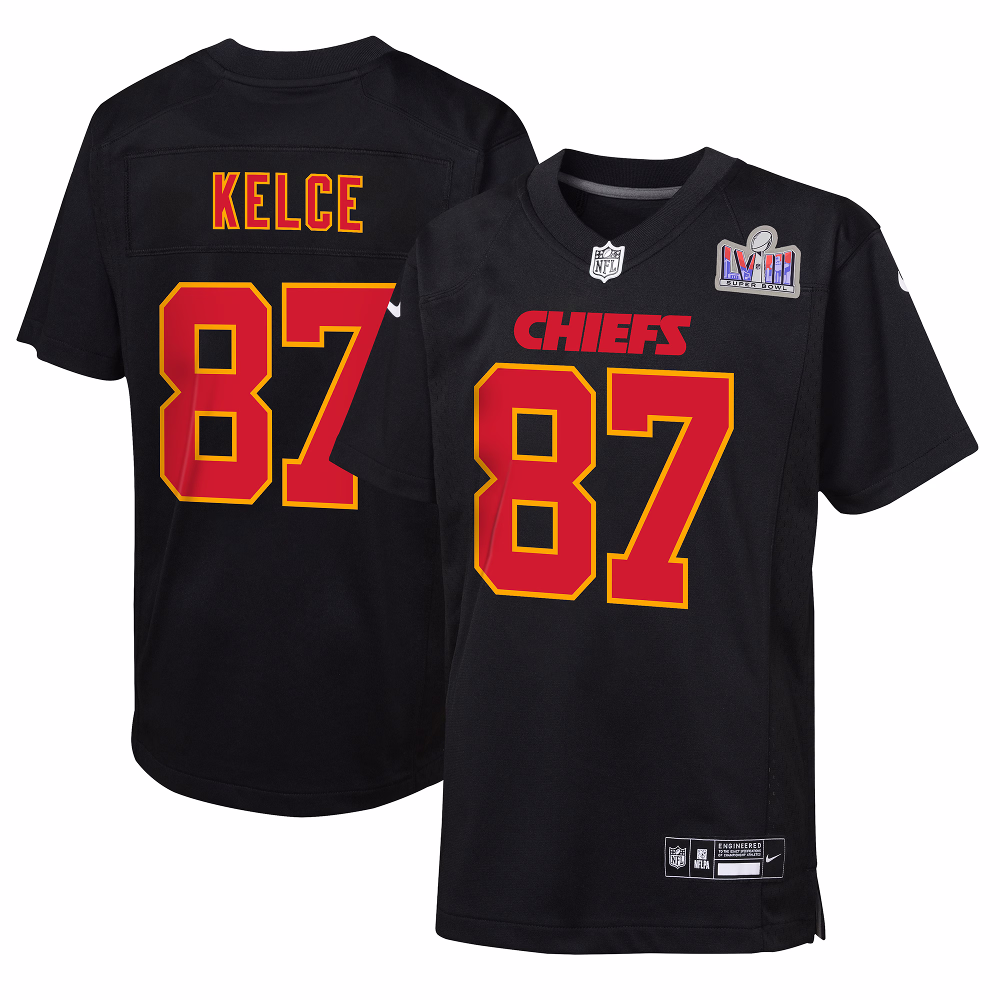 Travis Kelce Kansas City Chiefs  Youth 2023 Super Bowl LVIII Patch Carbon Fashion Game Jersey - Black