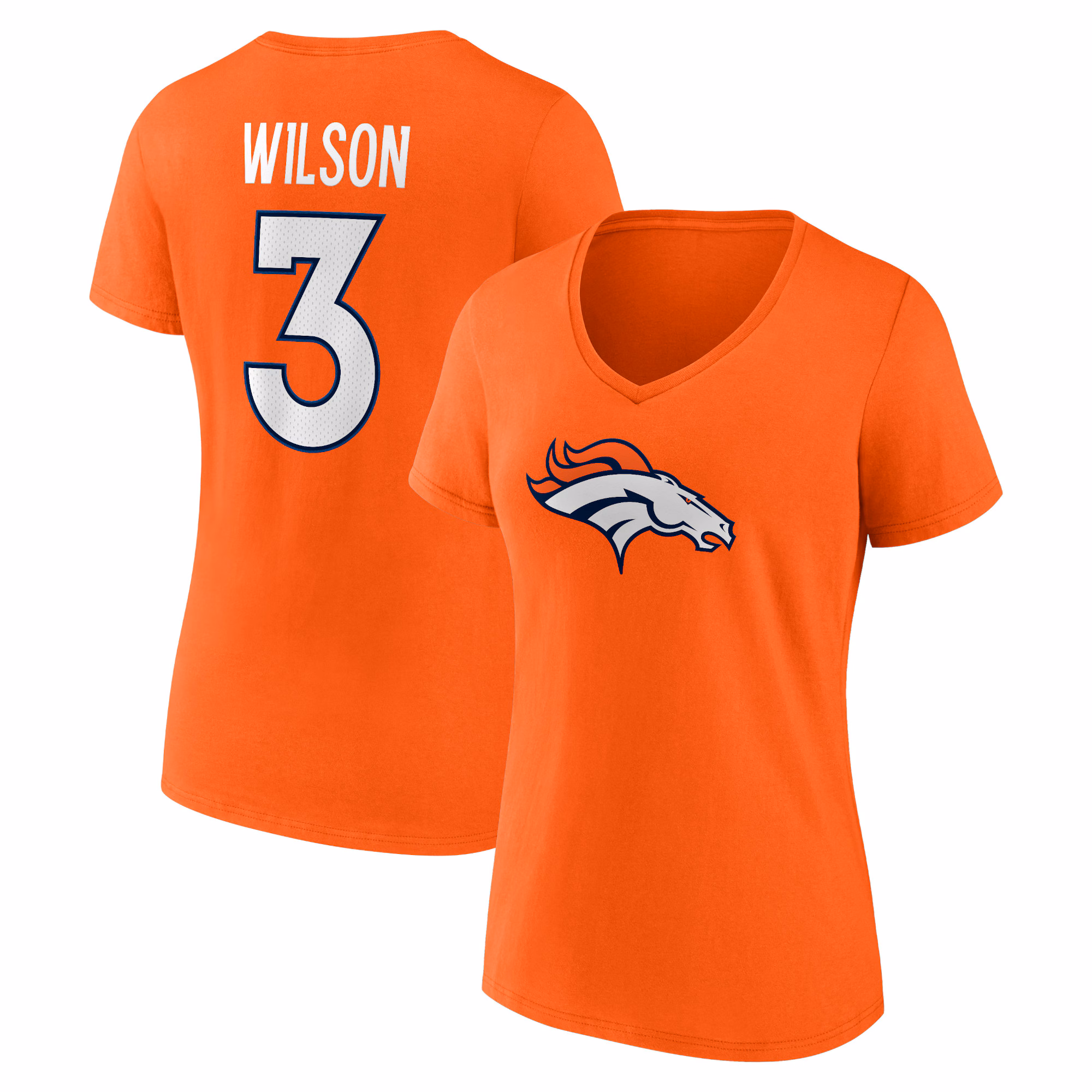 Women's Russell Wilson Orange Denver Broncos Player Icon Name & Number V-Neck T-Shirt