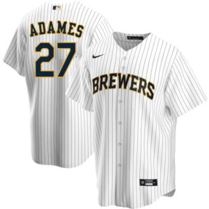 Men's Milwaukee Brewers #27 Willy Adames White Cool Base Jersey