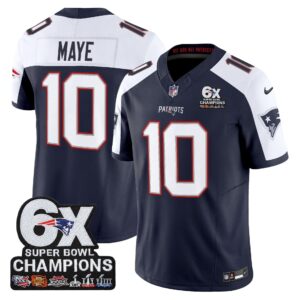 Drake Maye #10 New England Patriots 6-Time Champions Patch Game Jersey - Navy/White