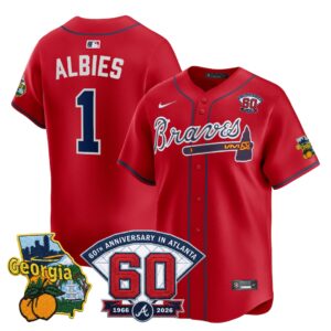 Ozzie Albies #1 Atlanta Braves 60th Patch Home Limited Player Jersey - Red