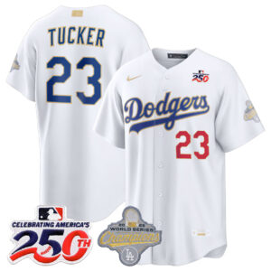 Kyle Tucker #23 Los Angeles Dodgers 250th Patch White 2026 Gold Collection Stadium Jersey - White