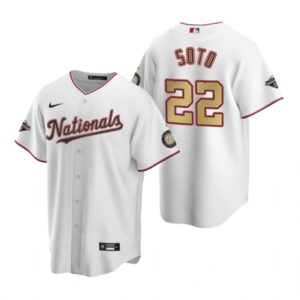 Men's Washington Nationals #22 Juan Soto White Gold 2019 World Series Champions Stitched Cool Base  Jersey