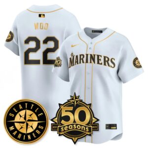 Bryan Woo #22 Seattle Mariners 50th Anniversary & AL West Vapor Premier Limited Jersey - White Gold