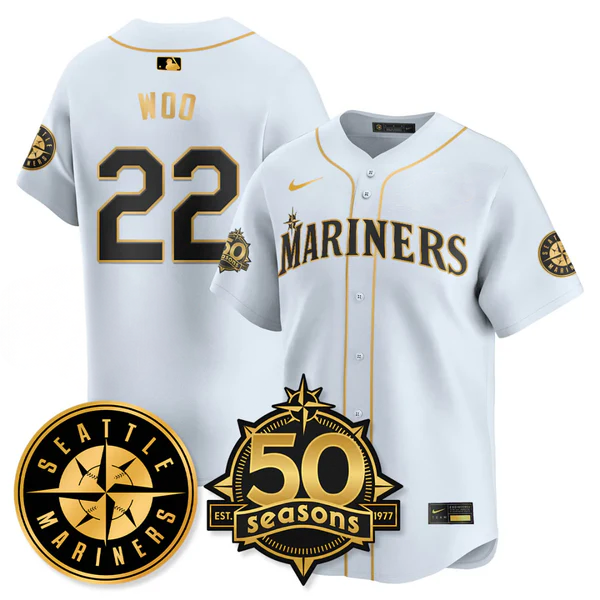 Bryan Woo #22 Seattle Mariners 50th Anniversary & AL West Vapor Premier Limited Jersey - White Gold