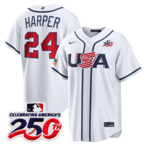 Bryce Harper #24 USA Baseball 250th Patch 2026 World Baseball Classic Home Stadium Jersey - White