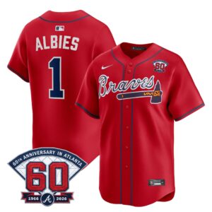 Ozzie Albies #1 Atlanta Braves 60th Patch Home Limited Player Jersey - Red