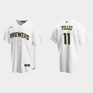Men's Milwaukee Brewers #11 Rowdy Tellez Alternate White Navy Jersey