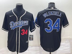 Men's  Los Angeles Dodgers #34 Fernando Valenzuela Black Throwback Cool Base Jersey