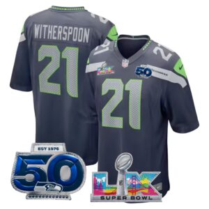 Devon Witherspoon #21 Seattle Seahawks Super Bowl LX 50th Season Patch College Navy Team Game Jersey