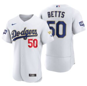 Men's Los Angeles Dodgers #50 Mookie Betts White Gold Championship Flex Base Sttiched Jersey