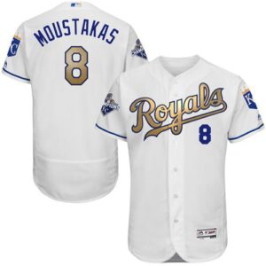 Kansas City Royals #8 Mike Moustakas White 2015 World Series Champions Gold Program FlexBase Stitched Jersey