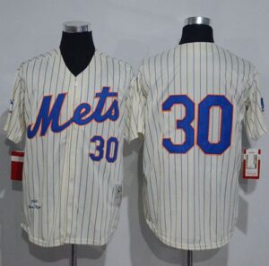 Mitchell And Ness 1969 New York Mets #30 Nolan Ryan Cream(Blue Strip) Throwback Stitched Jersey