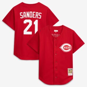 Cincinnati Reds Deion Sanders #21 Mitchell & Ness Red Cooperstown Mesh Batting Practice Button-Up Jersey