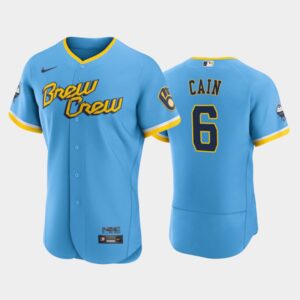 Men's Milwaukee Brewers 2022 City Connect #6 Lorenzo Cain Flex Base Jersey - Powder Blue